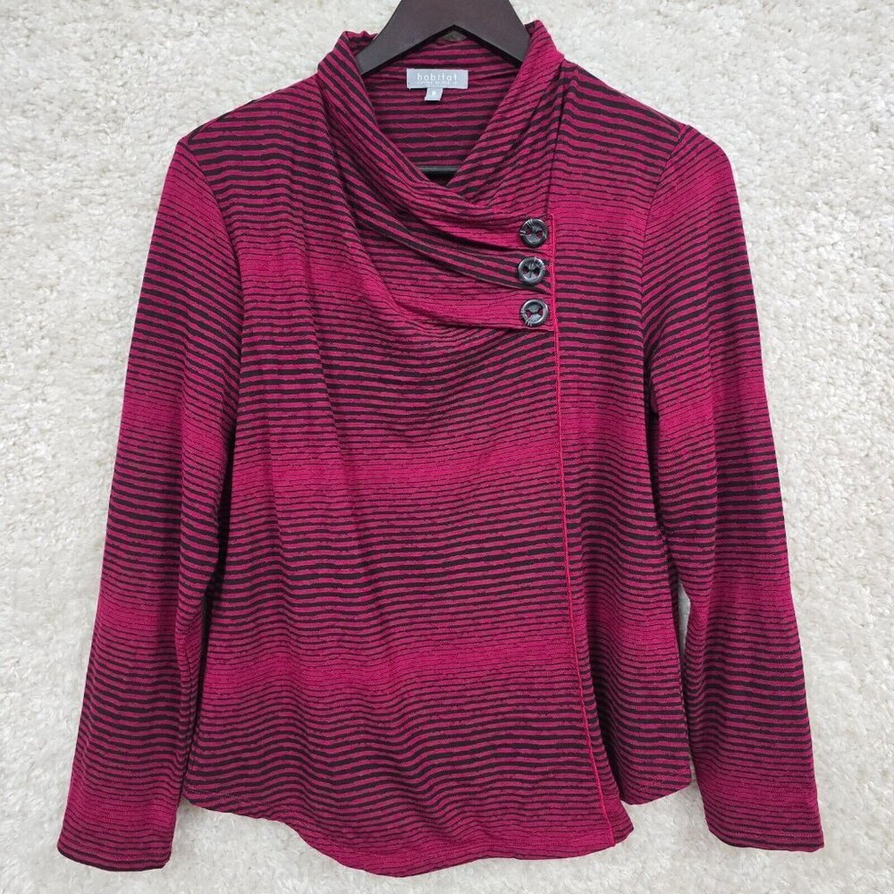 Habitat Womens Striped Cowl Neck Top Size M Pink Black Stretch Artsy Casual